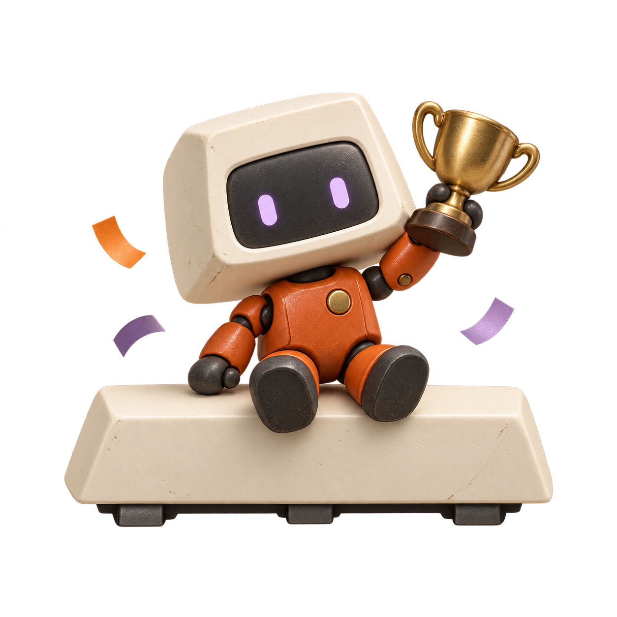 Clackbot holding a tiny trophy on a mechanical spacebar