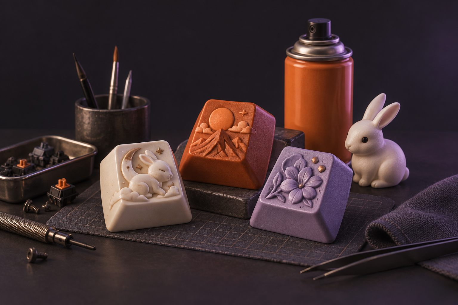 Handcrafted keycaps, spray paint and a ceramic bunny on a miniature workbench